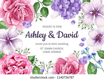 Wedding Invitation card with flowers in watercolor style on white background. Template for greeting card.