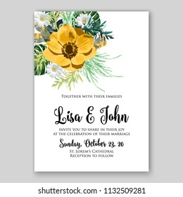 Wedding invitation card floweryellow anemone tropical leaves Marriage ceremony ornament Floral poster Vector decorative greeting card, bridal shower invitation design baby shower invite background
