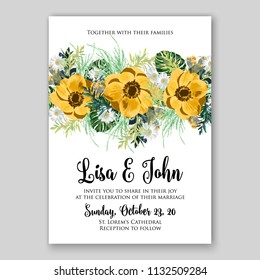 Wedding invitation card floweryellow anemone tropical leaves Marriage ceremony ornament Floral poster Vector decorative greeting card, bridal shower invitation design baby shower invite background