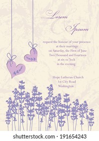 Wedding invitation card, flyer design, packaging design. Lavender background, product labels. Vector illustration.