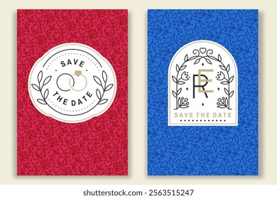 Wedding invitation card, flyer, poster, banner. Vector Thin line geometric badge. Design templates and elements for save the date invitation card design with wedding rings and leaf, flowers decor