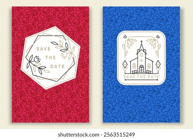 Wedding invitation card, flyer, poster, banner. Vector. Thin line geometric badge. Design templates and elements for save the date invitation card design with wedding church and leaf decor