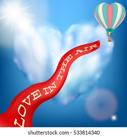 Wedding invitation card with flying hot air balloon in the sky. EPS 10 vector file included