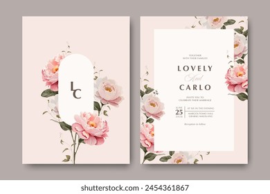 tarjeta de invitación de boda con marco ramo peonías flores