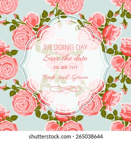 Wedding invitation card with frame on seamless background of roses