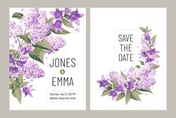 Wedding Invitation Card. Frame With Text And Flowers - Purple Campanula And Lilac On White Background.