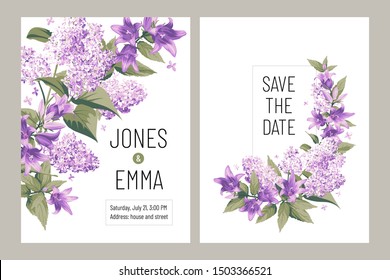 Wedding invitation card. Frame with text and flowers - purple Campanula and Lilac on white Background. svg