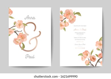 Wedding Invitation Card Front Back Side Set. Template Design, Sakura Flowers with Leaves on White Background, Floral Pastel Vintage Theme Poster Banner Flyer Brochure. Cartoon Flat Vector Illustration