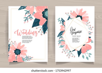 Wedding Invitation Card Front Back Side Set. Template Design, Rose hip Flowers with Leaves on White Background, Floral Pastel Vintage Theme Poster Banner Brochure. Cartoon Flat Vector Illustration.