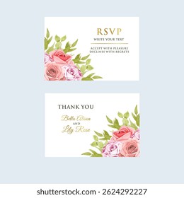 
 wedding invitation card for fun-loving couples. Add custom characters and icons and pink flowers.