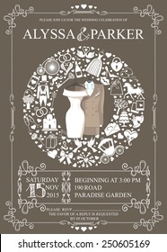 Wedding invitation card with wedding garment,icons ,swirling frame.Wreath composition.Set of  wedding flat items,white silhouette.Vintage vector.Holiday infographics,background, card,.