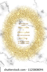 Wedding invitation card with glitter frame on white marble background. Fashion A4 mock up, template for greeting, birthday cards, posters and covers with text place.