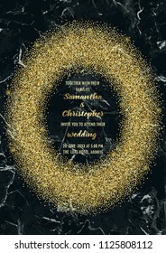 Wedding invitation card with glitter frame on black marble background. Fashion A4 mock up, template for greeting, birthday cards, posters and covers with text place.