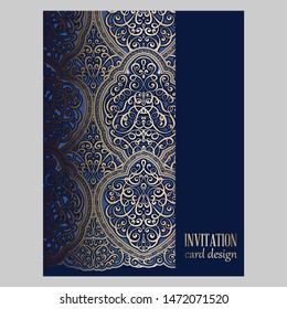 Wedding invitation card with gold and blue shiny eastern and baroque rich foliage. Ornate brocade background for your design. Intricate design template.
