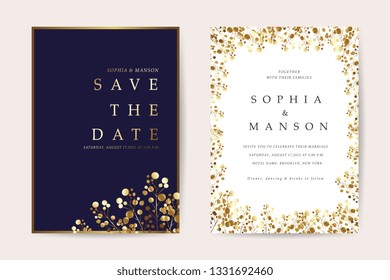 Wedding invitation card with gold flower and leaves  frame set isolated on luxury backgrounds - Vector