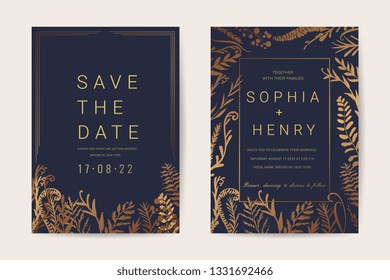 Wedding invitation card with gold flower and leaves  frame set isolated on luxury backgrounds - Vector