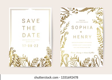 Wedding invitation card with gold flower and leaves  frame set isolated on luxury backgrounds - Vector