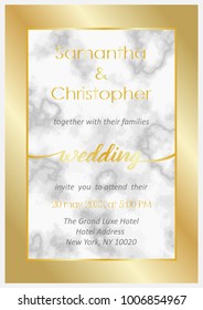 Wedding invitation card with gold frame and lettering on white marble background. Luxury classic A4 mock up, template for greeting, birthday, valentines cards, posters with text place.