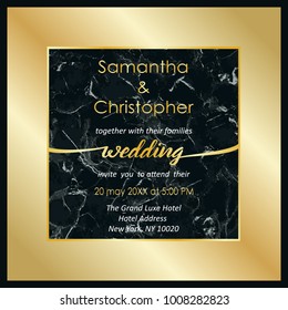 Wedding invitation card with gold frame and lettering on black marble background. Luxury classic mock up, template for greeting, birthday, valentines cards, posters with text place.