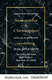 Wedding invitation card with gold geometric classic elements on black marble background. Luxury classic A4 mock up, template for greeting, birthday, valentines cards, posters with text place.