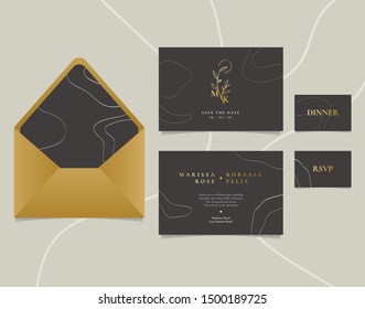 Wedding Invitation Card with gold plant logo and abstract line background