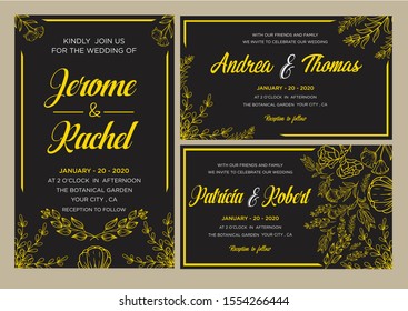 Wedding invitation card Gold set template with beautiful floral and leaves Premium Vector