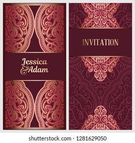 Wedding invitation card with gold shiny eastern and baroque rich foliage. Ornate islamic background for your design. Islam, Arabic, Indian, Dubai