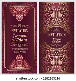 Wedding invitation card with gold shiny eastern and baroque rich foliage. Ornate islamic background for your design. Islam, Arabic, Indian, Dubai