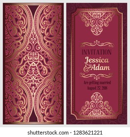 Wedding invitation card with gold shiny eastern and baroque rich foliage. Ornate islamic background for your design. Islam, Arabic, Indian, Dubai