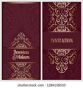 Wedding invitation card with gold shiny eastern and baroque rich foliage. Ornate islamic background for your design. Islam, Arabic, Indian, Dubai