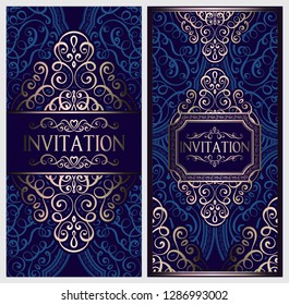 Wedding invitation card with gold shiny eastern and baroque rich foliage. Ornate islamic background for your design. Islam, Arabic, Indian, Dubai
