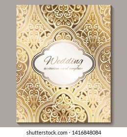 Wedding invitation card with gold shiny eastern and baroque rich foliage. Ornate islamic background for your design. Islam, Arabic, Indian, Dubai