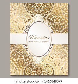 Wedding invitation card with gold shiny eastern and baroque rich foliage. Ornate islamic background for your design. Islam, Arabic, Indian, Dubai
