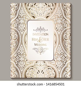 Wedding invitation card with gold shiny eastern and baroque rich foliage. Ornate islamic background for your design. Islam, Arabic, Indian, Dubai