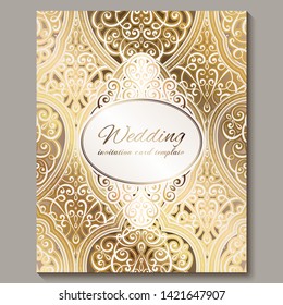 Wedding invitation card with gold shiny eastern and baroque rich foliage. Ornate islamic background for your design. Islam, Arabic, Indian, Dubai