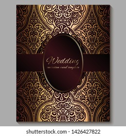 Wedding invitation card with gold shiny eastern and baroque rich foliage. Royal red Ornate islamic background for your design. Islam, Arabic, Indian, Dubai