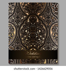 Wedding invitation card with gold shiny eastern and baroque rich foliage. Royal bronze Ornate islamic background for your design. Islam, Arabic, Indian, Dubai