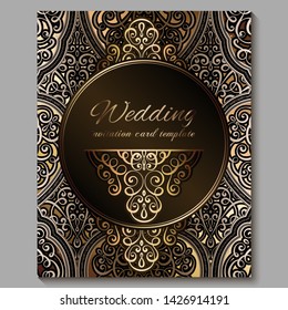 Wedding invitation card with gold shiny eastern and baroque rich foliage. Royal bronze Ornate islamic background for your design. Islam, Arabic, Indian, Dubai