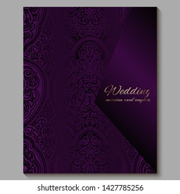 Wedding invitation card with gold shiny eastern and baroque rich foliage. Royal purple Ornate islamic background for your design. Islam, Arabic, Indian, Dubai