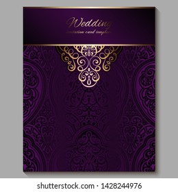 Wedding invitation card with gold shiny eastern and baroque rich foliage. Royal purple Ornate islamic background for your design. Islam, Arabic, Indian, Dubai