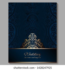 Wedding invitation card with gold shiny eastern and baroque rich foliage. Royal blue Ornate islamic background for your design. Islam, Arabic, Indian, Dubai