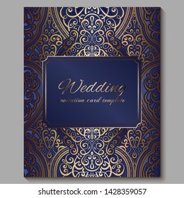 Wedding invitation card with gold shiny eastern and baroque rich foliage. Royal blue Ornate islamic background for your design. Islam, Arabic, Indian, Dubai