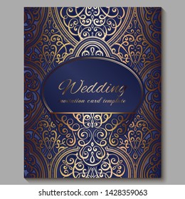 Wedding invitation card with gold shiny eastern and baroque rich foliage. Royal blue Ornate islamic background for your design. Islam, Arabic, Indian, Dubai