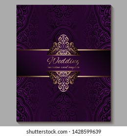 Wedding invitation card with gold shiny eastern and baroque rich foliage. Royal purple Ornate islamic background for your design. Islam, Arabic, Indian, Dubai