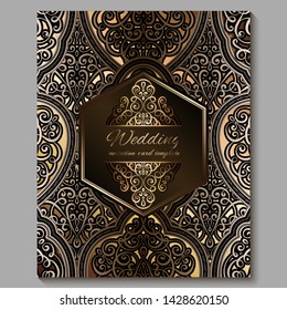 Wedding invitation card with gold shiny eastern and baroque rich foliage. Royal bronze Ornate islamic background for your design. Islam, Arabic, Indian, Dubai