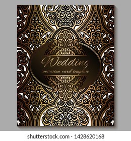 Wedding invitation card with gold shiny eastern and baroque rich foliage. Royal bronze Ornate islamic background for your design. Islam, Arabic, Indian, Dubai