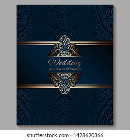 Wedding invitation card with gold shiny eastern and baroque rich foliage. Royal blue Ornate islamic background for your design. Islam, Arabic, Indian, Dubai