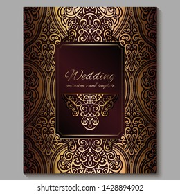 Wedding invitation card with gold shiny eastern and baroque rich foliage. Royal red Ornate islamic background for your design. Islam, Arabic, Indian, Dubai