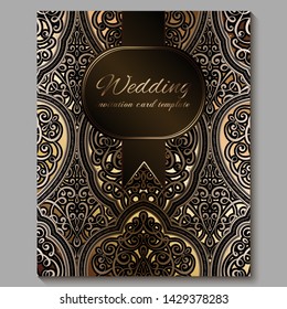 Wedding invitation card with gold shiny eastern and baroque rich foliage. Royal bronze Ornate islamic background for your design. Islam, Arabic, Indian, Dubai