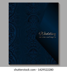 Wedding invitation card with gold shiny eastern and baroque rich foliage. Royal blue Ornate islamic background for your design. Islam, Arabic, Indian, Dubai